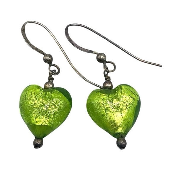 Vintage Jewelry - Vintage Green Heart Sterling Silver Dangle Earrings OS
